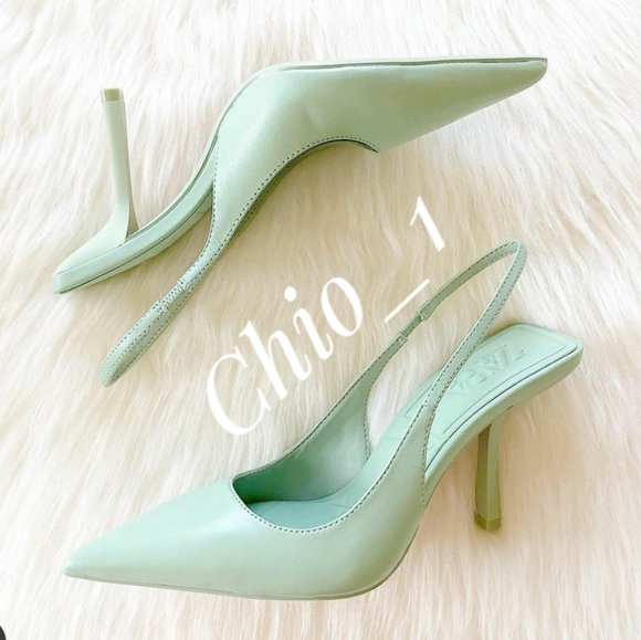 Zara SLINGBACK LEATHER HEELS GREEN Bloggers favorite - Picture 7 of 15
